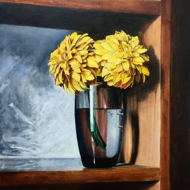 Yellow Flower Vase Abstract, 20 x 20 Inches, Oil on Canvas, 25/May/2020, Non Commissioned